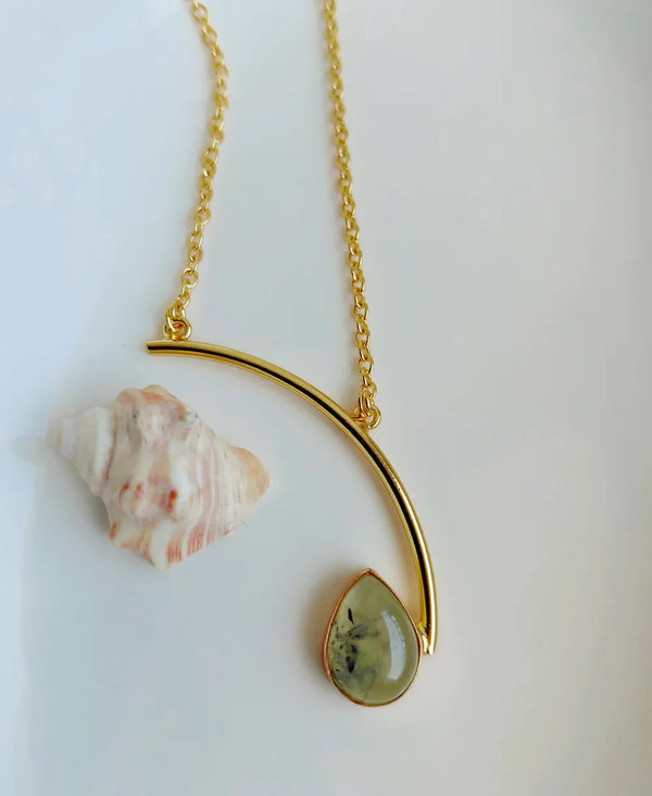 Meadow Drop Aventurine Necklace with natural green teardrop gemstone and curved 18K gold-plated pendant.