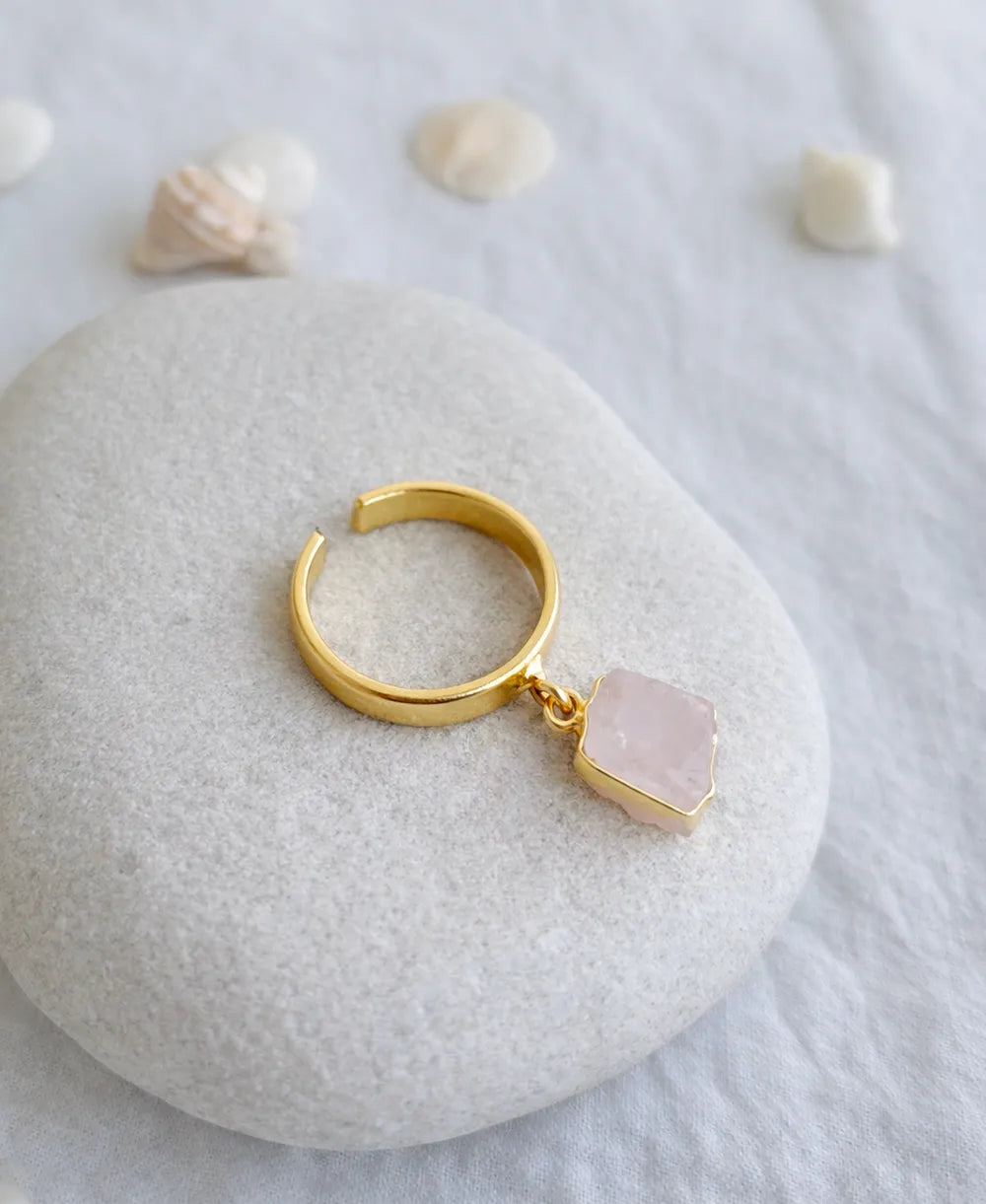 Raw Rose Quartz Charm Adjustable Gold Ring