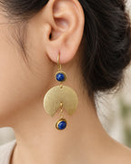 Lapis Lazuli gold fan earring worn on model