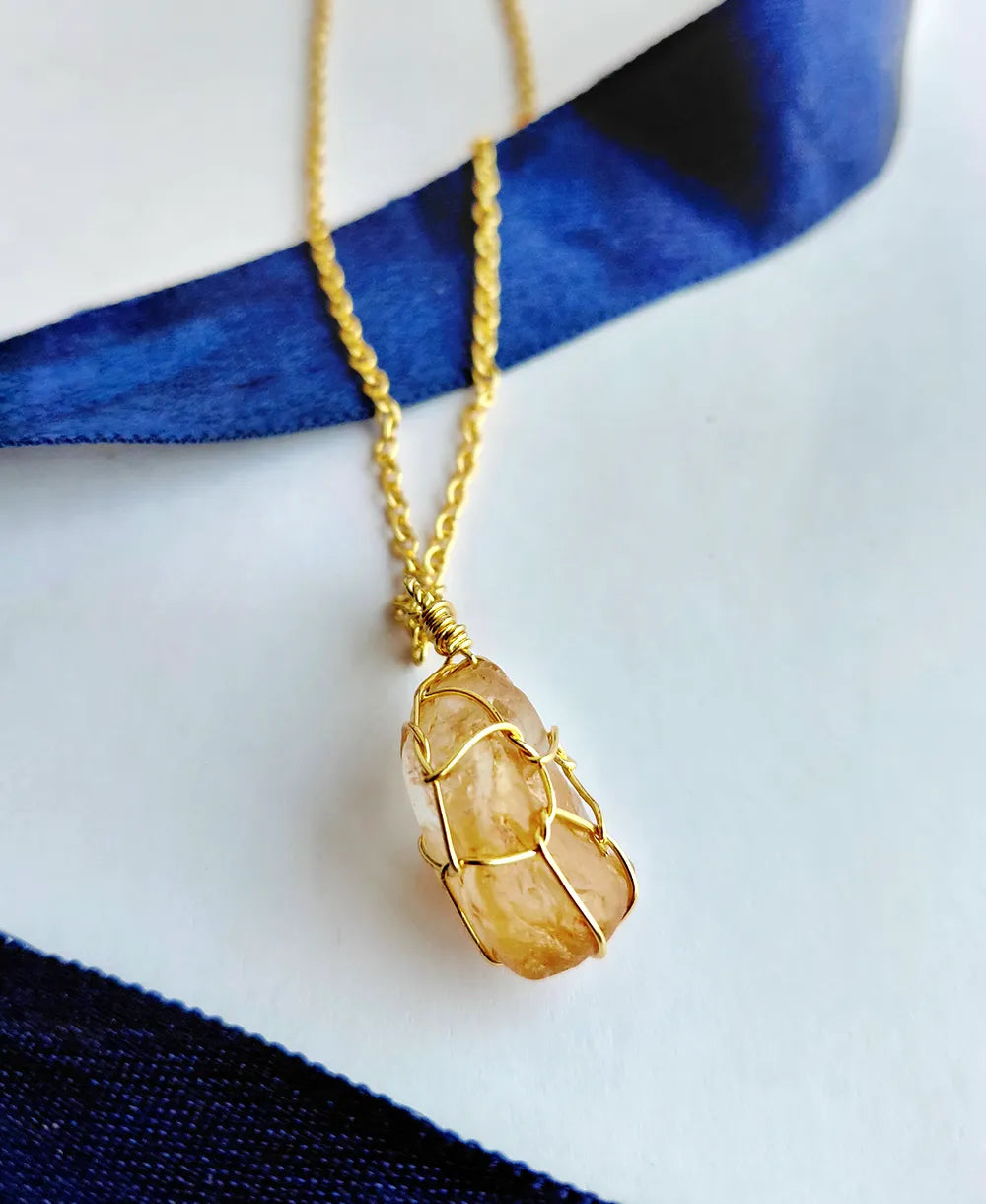 Honey Gold Citrine Wrap Necklace with natural raw citrine crystal and 18K gold-plated wire-wrapped pendant.