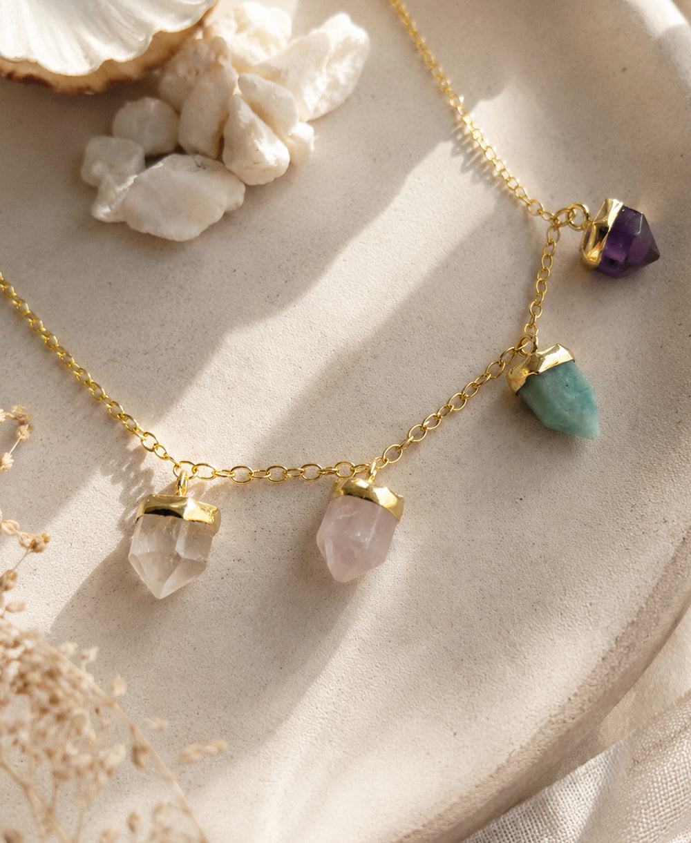 Multi Crystal Charm Gold Necklace