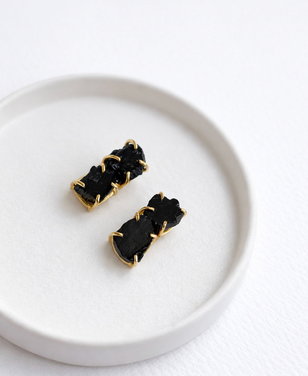 Raw Black Tourmaline Double Stone Gold Stud Earrings