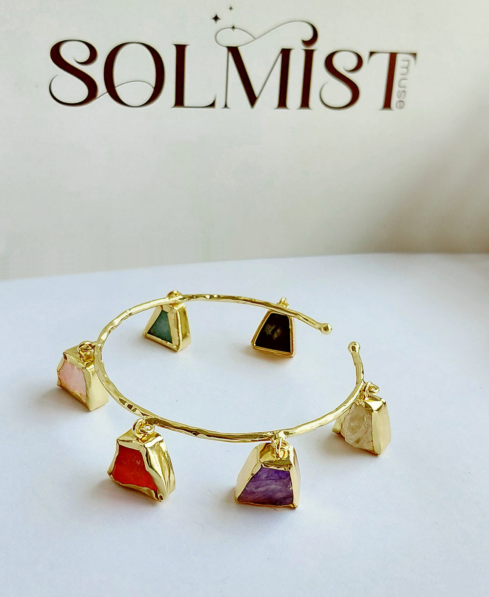 Raw Multi-Gemstone Charm Gold Bangle Bracelet