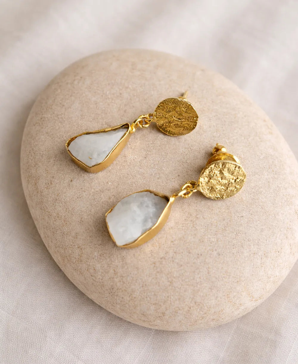 Moonstone gold drop earrings detail view