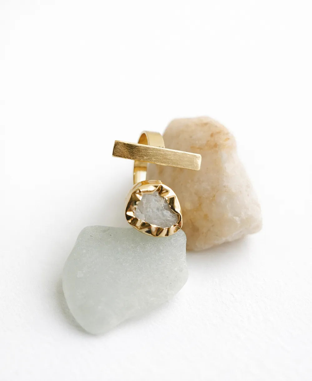 Moonstone Spark Gold Ring with natural raw moonstone gemstone, gold bar detail and 18K gold-plated adjustable band.
