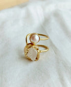 Pearl Kiss Rose Quartz Ring with natural rose quartz gemstone, freshwater pearl and 18K gold-plated adjustable band.