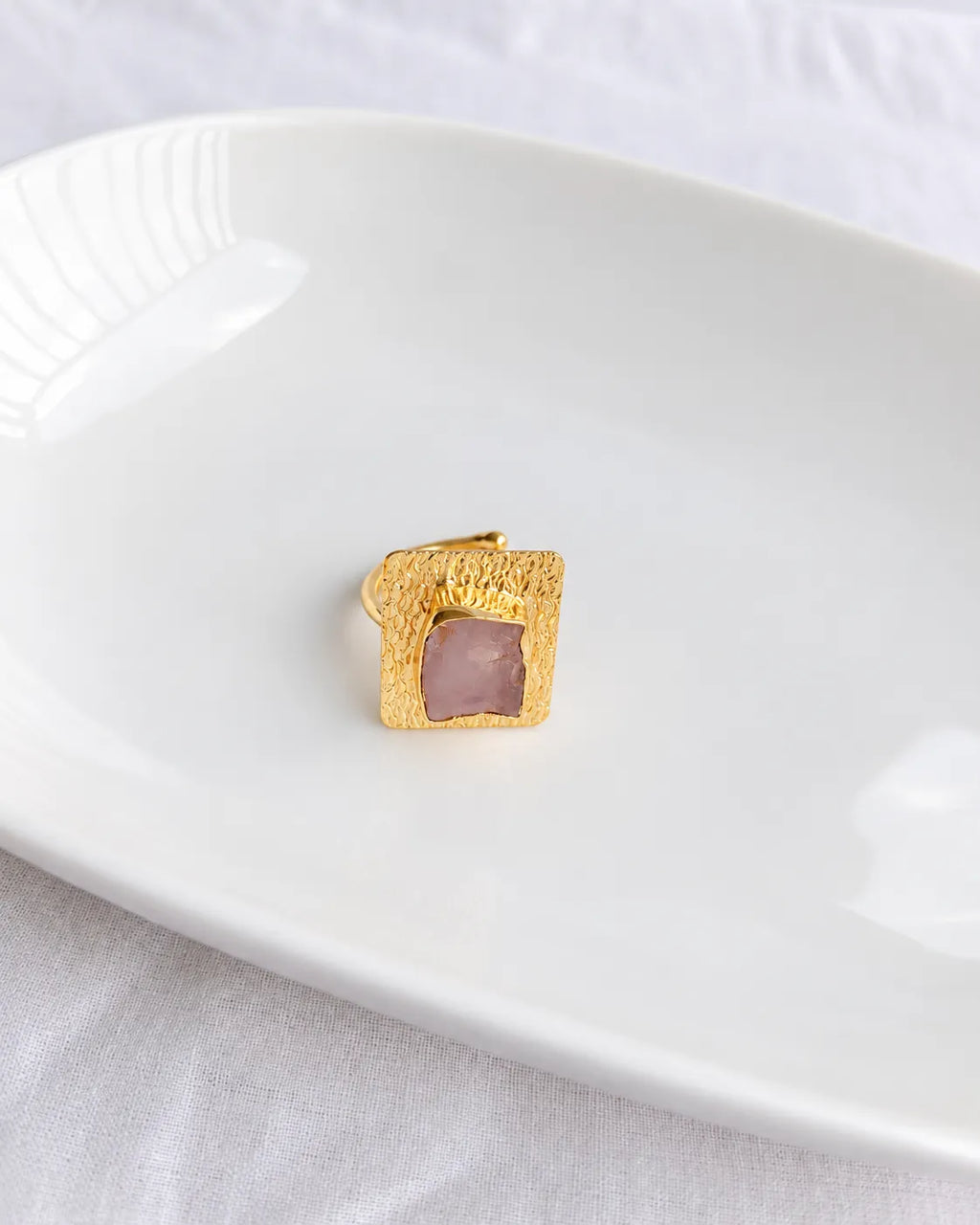 Rose Quartz Textured Gold Statement Ring