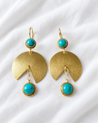 Turquoise stone gold drop earrings close-up