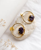 Raw Amethyst Gemstone Gold Circle Stud Earrings