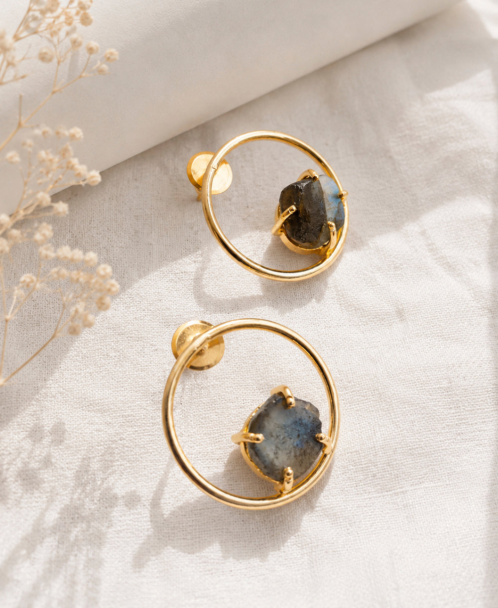 Natural Labradorite Gold Circle Stud Earrings