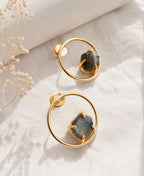 Natural Labradorite Gold Circle Stud Earrings