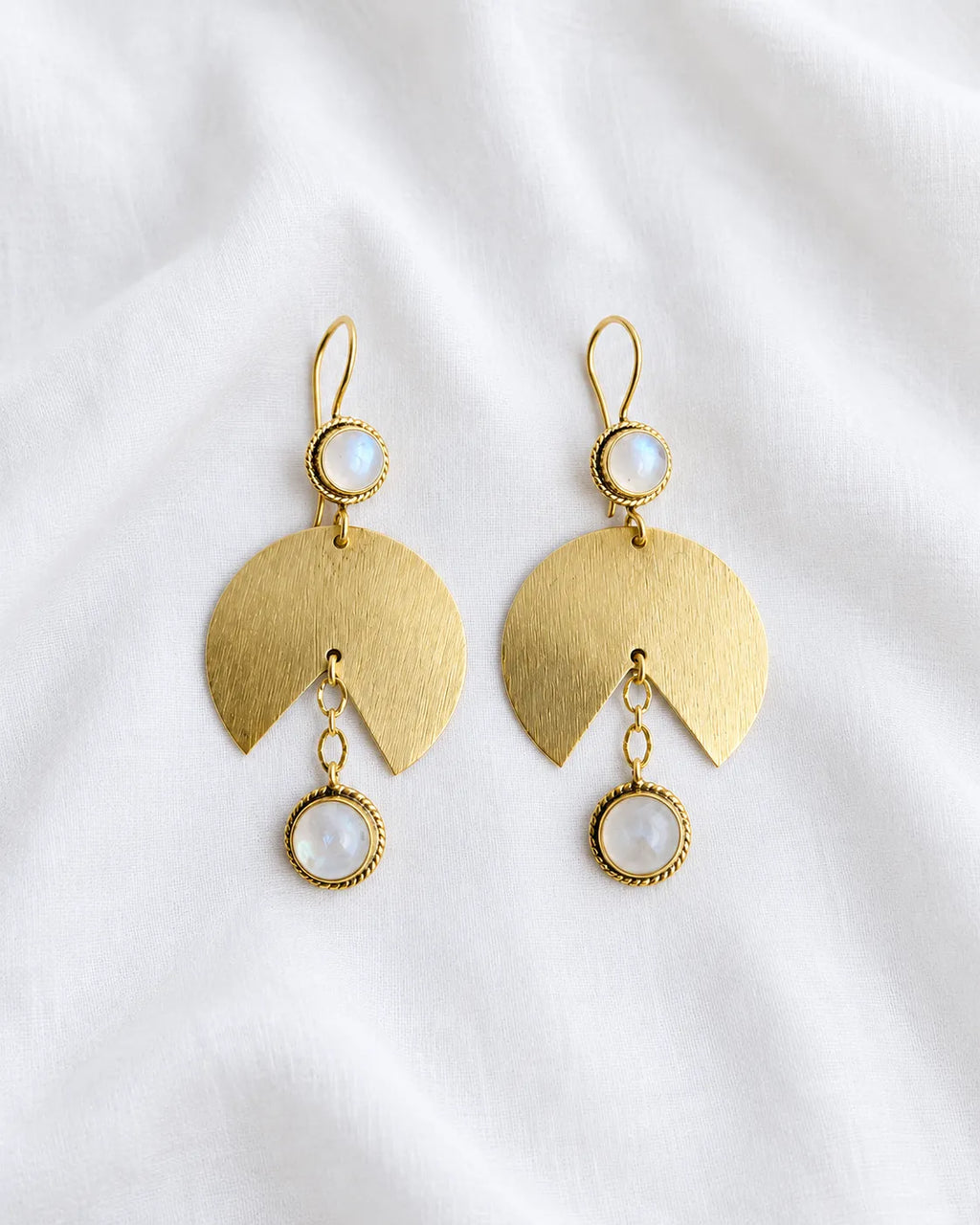 Moonstone gold fan drop earrings pair
