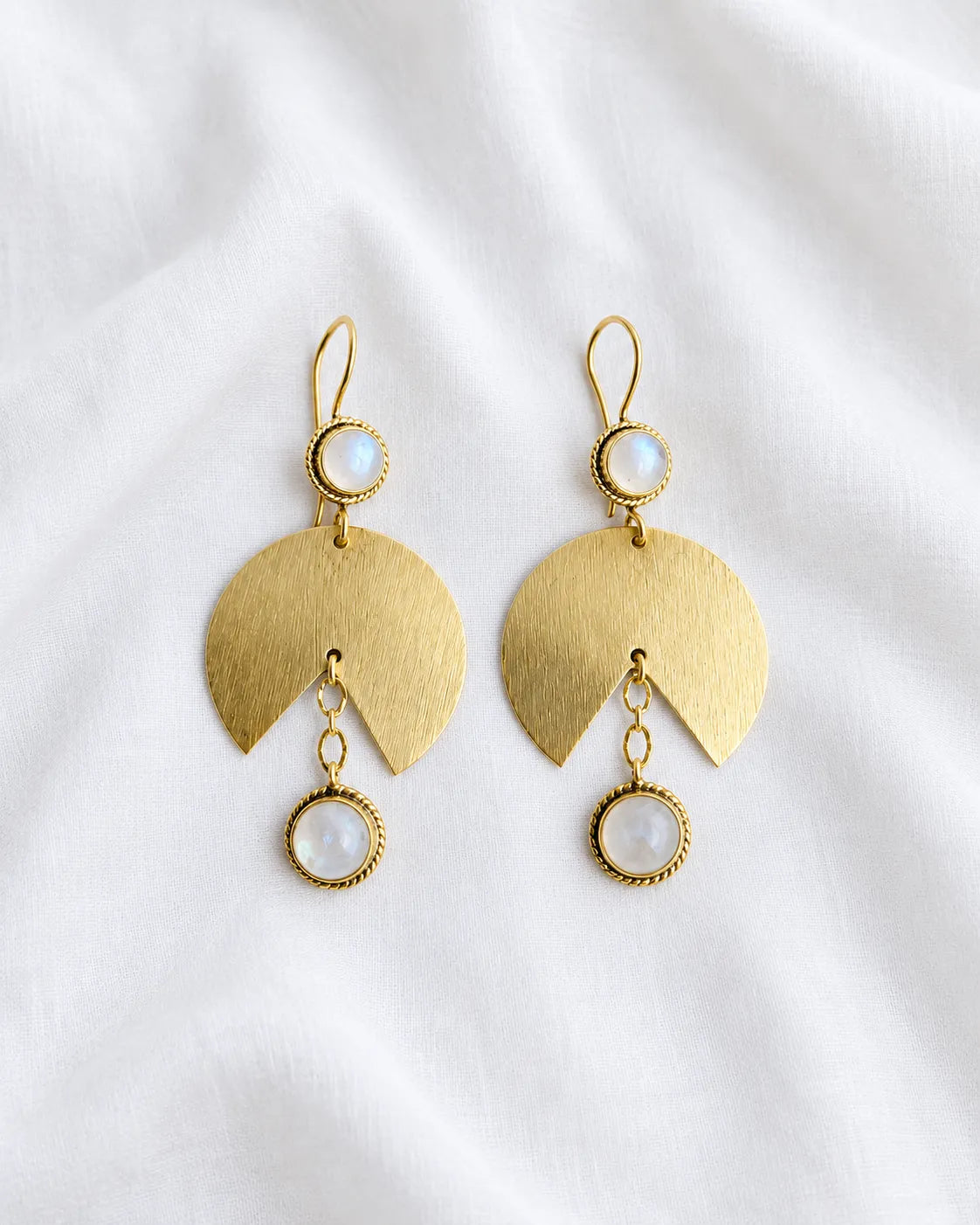Moonstone gold fan drop earrings pair