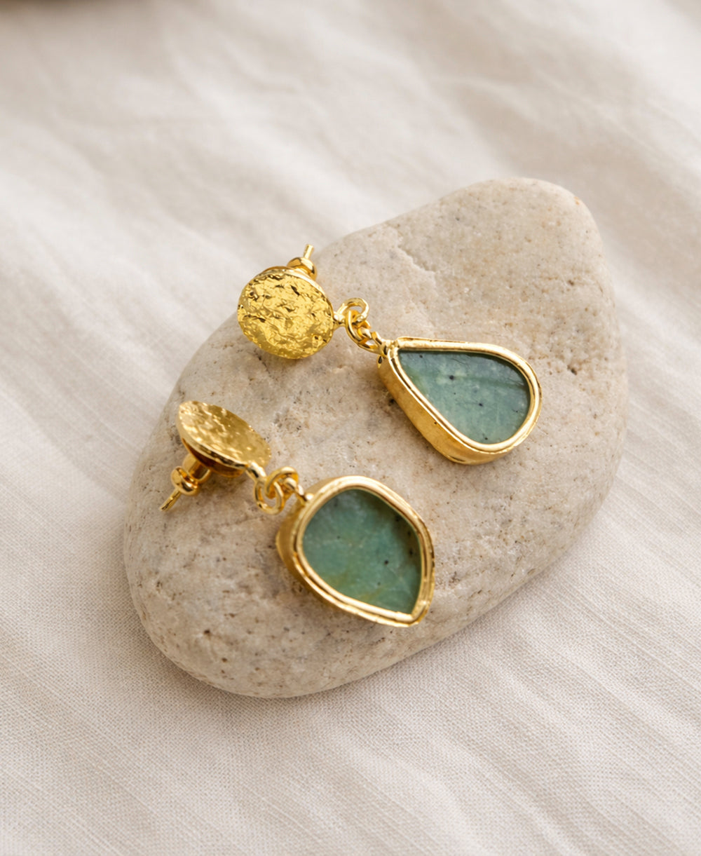 Raw Aquamarine Teardrop Coin Stud Drop Earrings