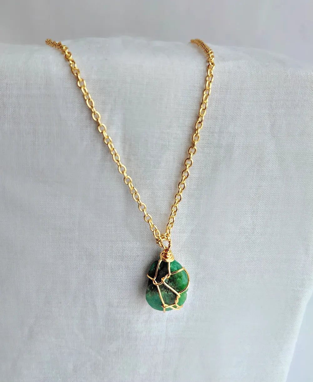 Verdant Loop Emerald 18K Gold Plated Necklace with natural green gemstone and gold wire-wrapped pendant.