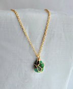 Verdant Loop Emerald 18K Gold Plated Necklace with natural green gemstone and gold wire-wrapped pendant.