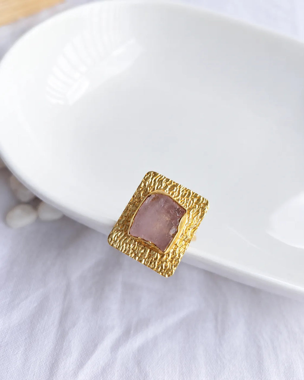 Rose Quartz Textured Gold Statement Ring