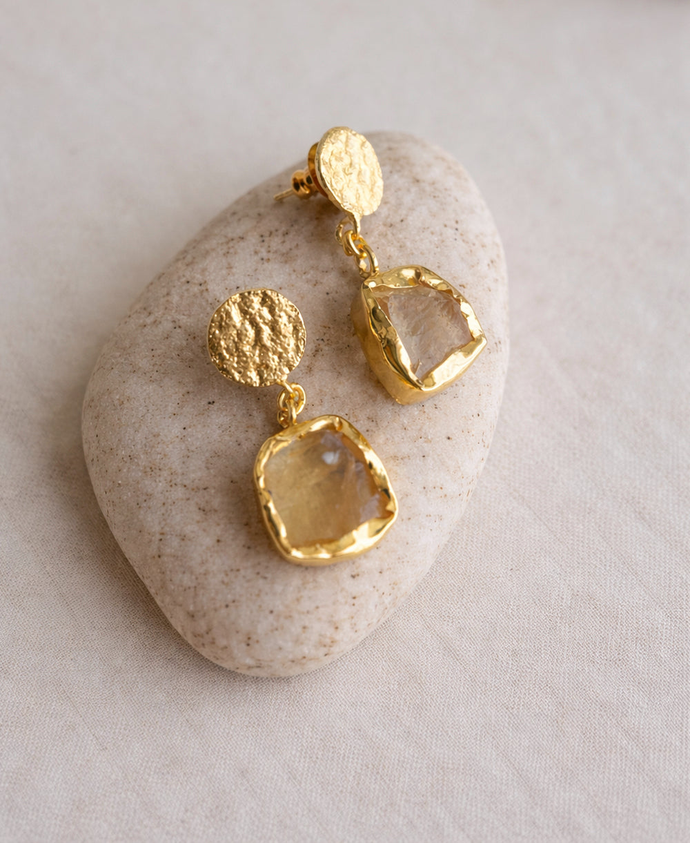 Citrine Coin Stud Drop Earrings