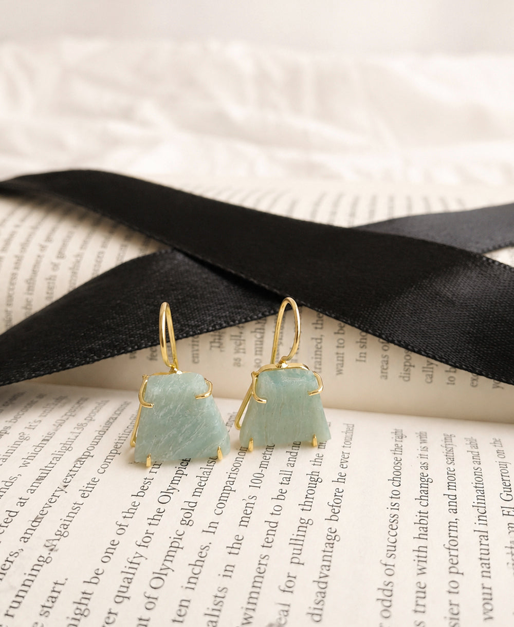 Aqua Drift Amazonite 18K Gold Plated Earrings with natural aqua-green gemstones and French hook dangle design.