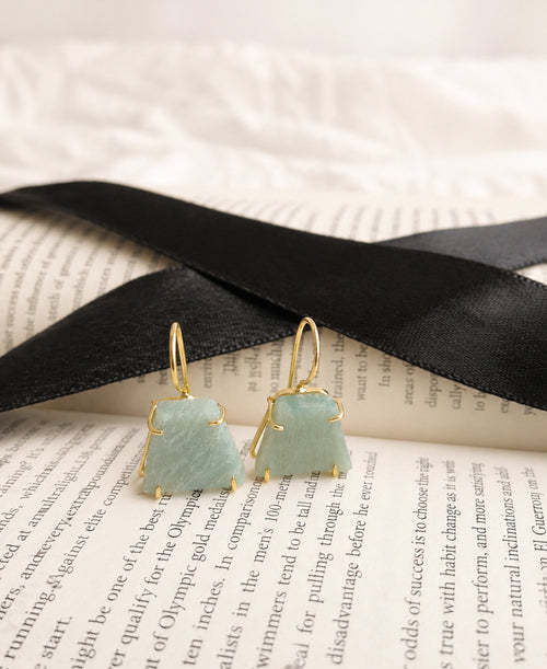 Aqua Drift Amazonite 18K Gold Plated Earrings with natural aqua-green gemstones and French hook dangle design.