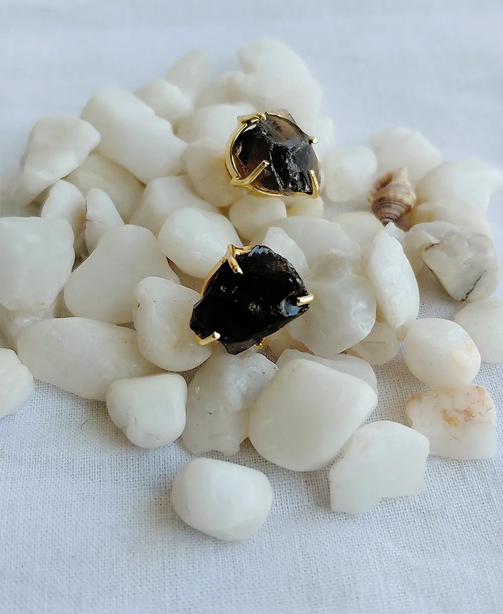 Rough Black Gemstone Gold Studs