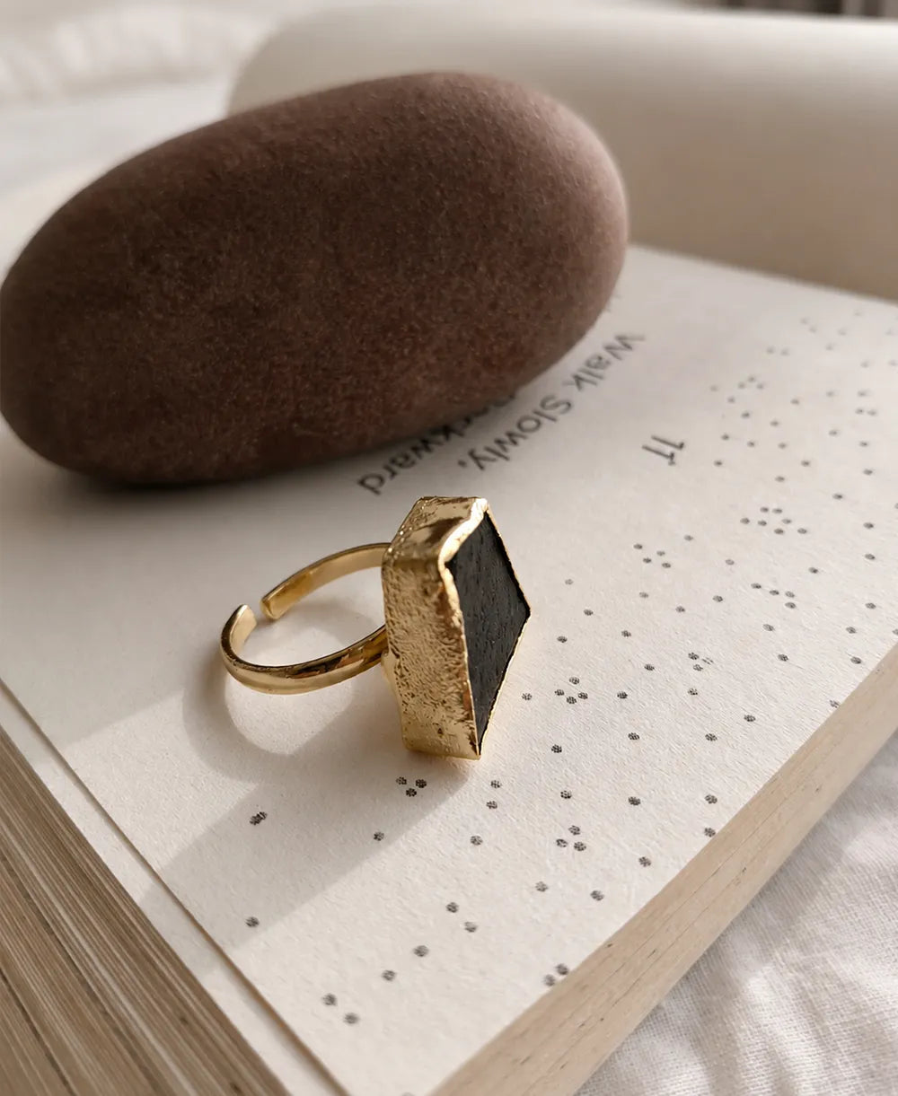 Black Onyx Shield 18K Gold Plated Ring
