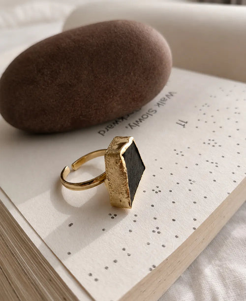 Black Onyx Shield 18K Gold Plated Ring