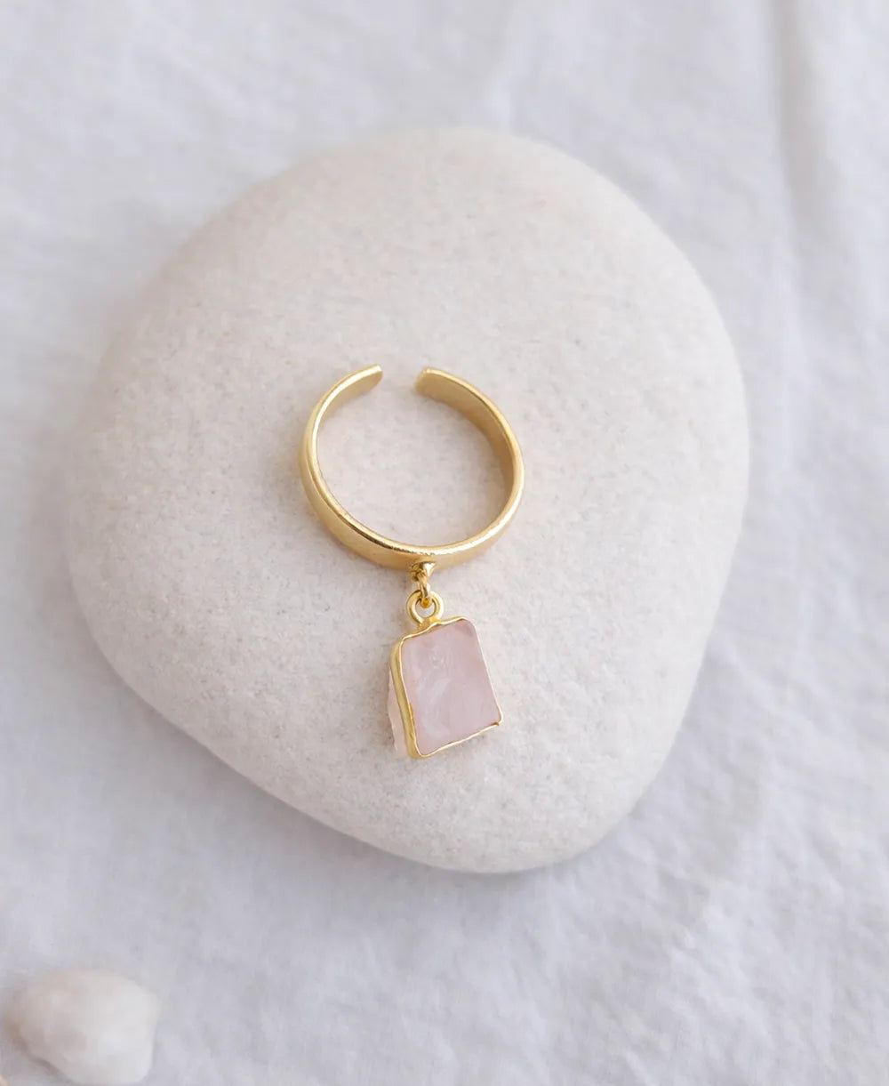 Raw Rose Quartz Charm Adjustable Gold Ring