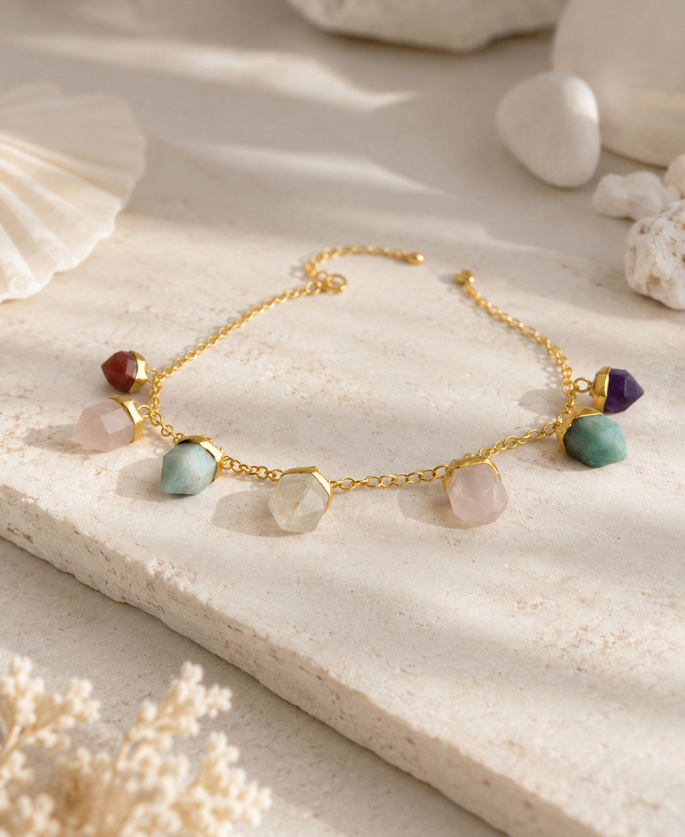 Multi Crystal Charm Gold Necklace