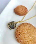 Labradorite Nightfall Pendant with natural blue-grey labradorite gemstone and 18K gold-plated wire-wrapped design.