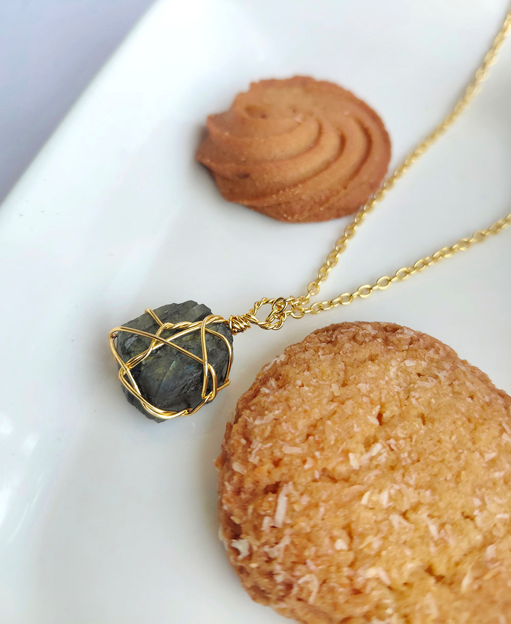 Labradorite Nightfall Pendant with natural blue-grey labradorite gemstone and 18K gold-plated wire-wrapped design.