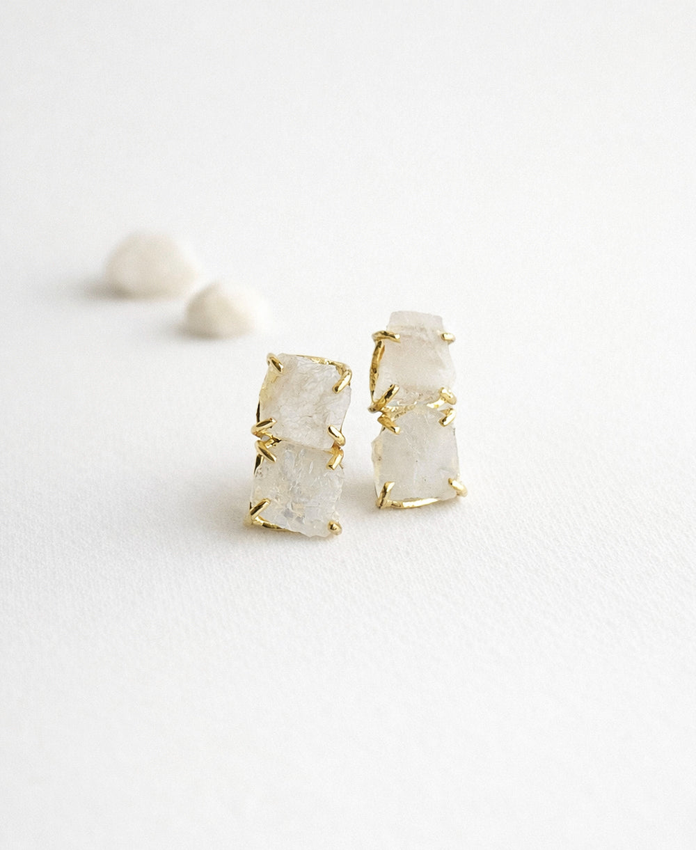 Raw Moonstone Double Stone Gold Huggie Earrings