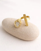 Moonstone Spark Gold Ring with natural raw moonstone gemstone, gold bar detail and 18K gold-plated adjustable band.