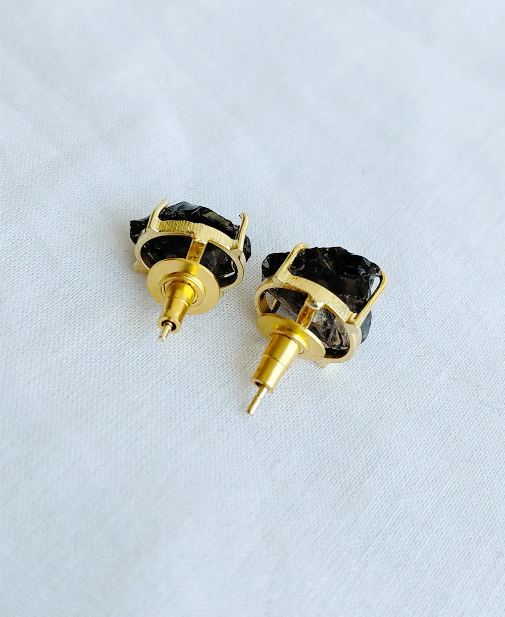 Rough Black Gemstone Gold Studs