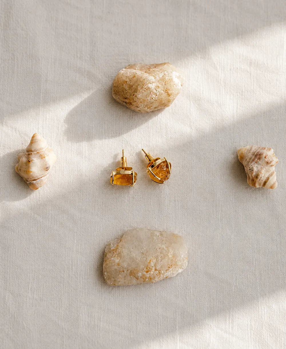 Sunlit Citrine Raw Gemstone Gold Stud Earrings