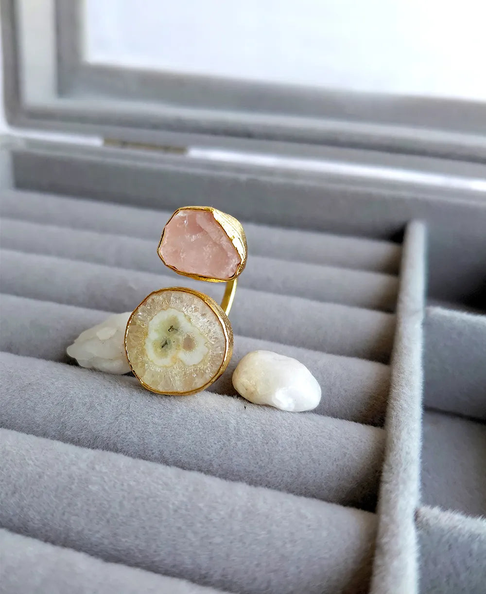 Solar Quartz & Rose Quartz Pearl Adjustable Ring