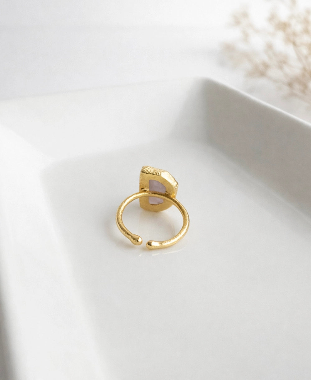 Soft pink natural stone ring with gold adjustable band