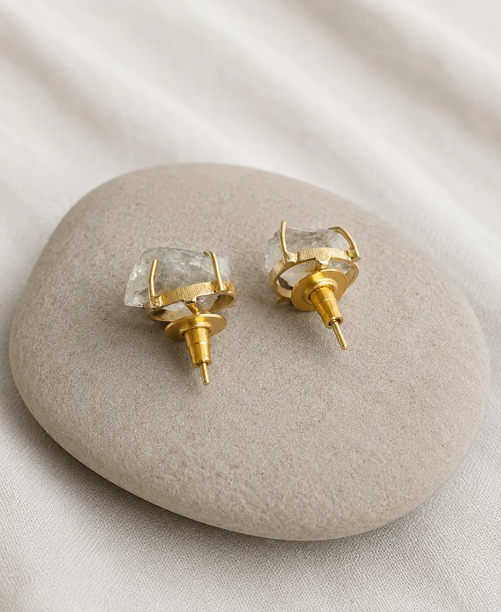 Ice Clear Quartz Raw Gold Stud Earrings