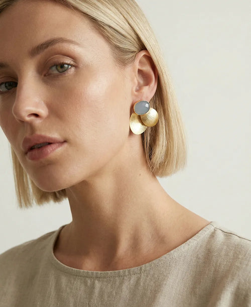 Blue Chalcedony Gold Petal Statement Earrings