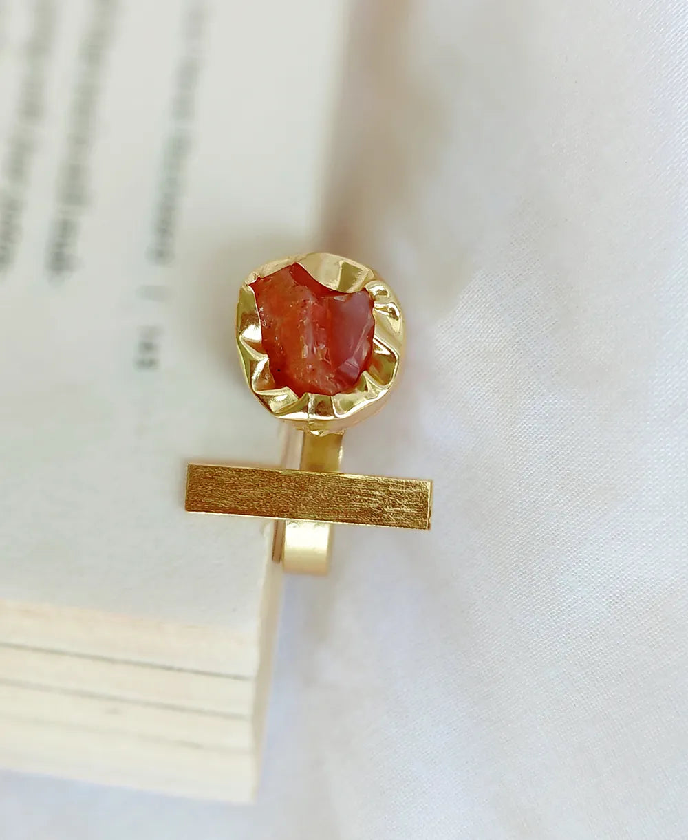 Solar Bar Carnelian 18K Gold Plated Ring with natural orange raw gemstone and modern gold bar adjustable band.