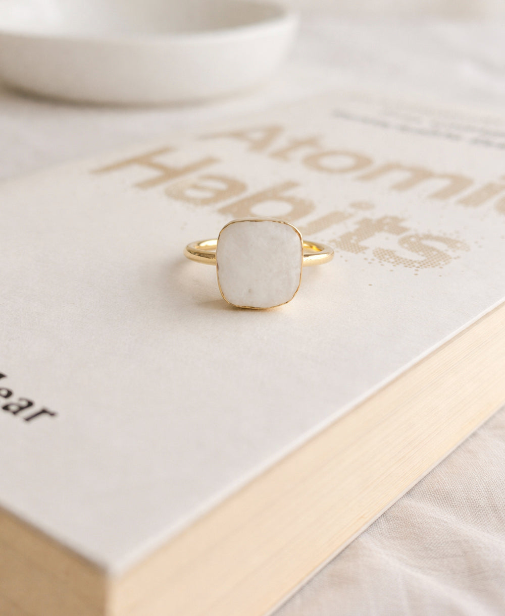 White Howlite Cushion Cut Gold Ring