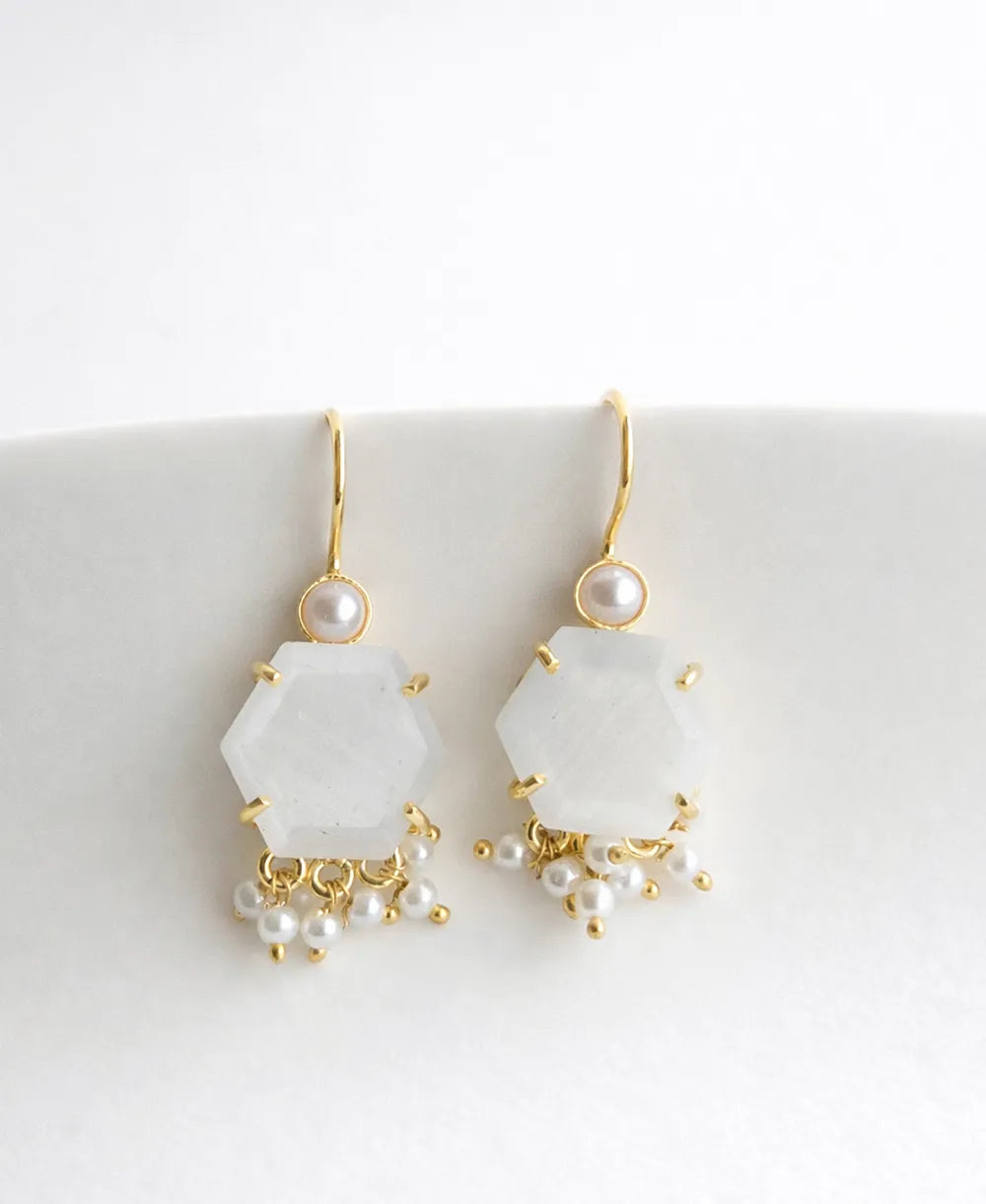 Moonstone Hexagon Pearl Drop Earrings