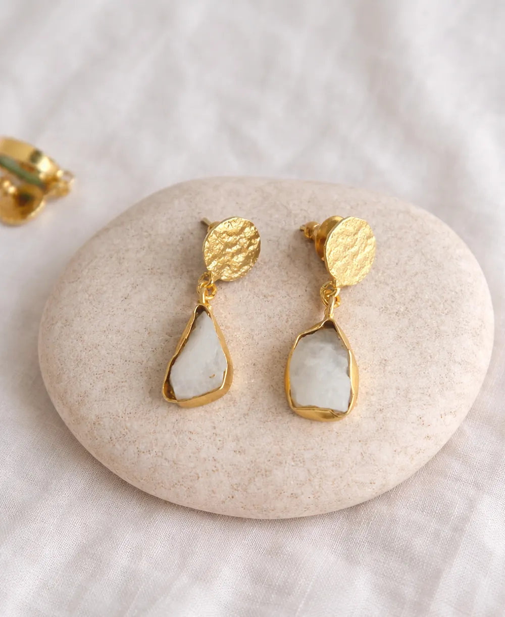 Moonstone gold drop earrings front view