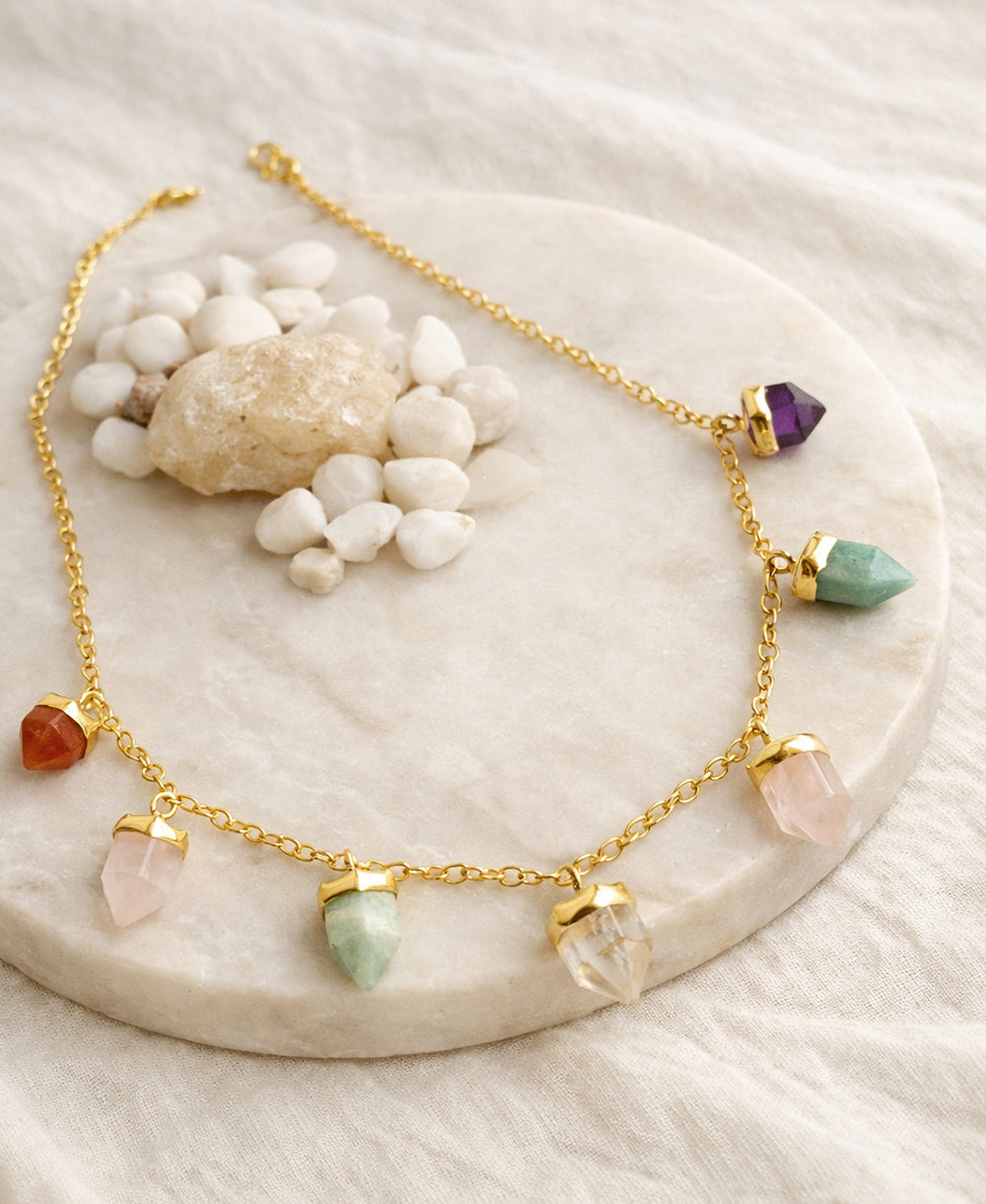 Multi Crystal Charm Gold Necklace