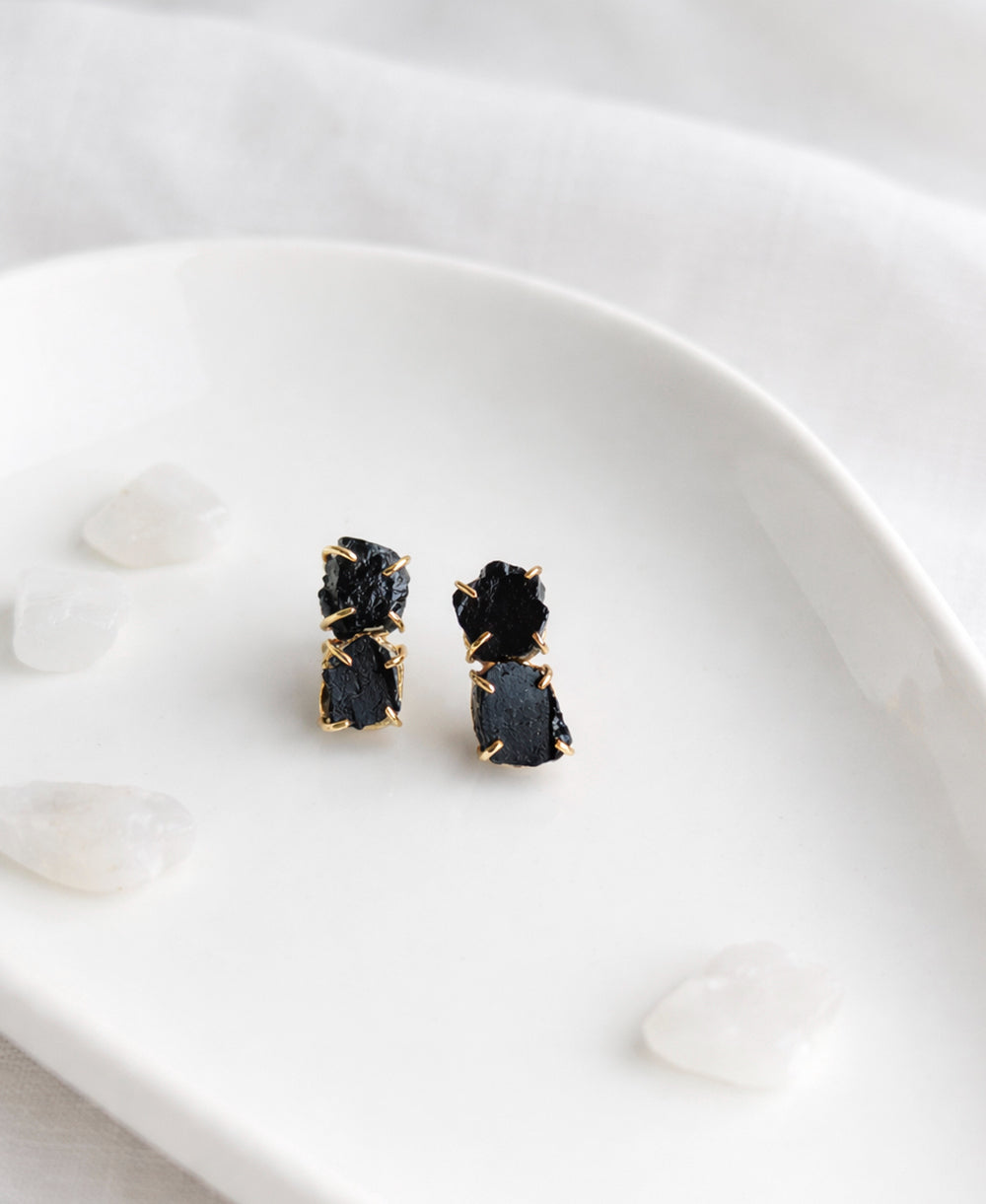 Raw Black Tourmaline Double Stone Gold Stud Earrings