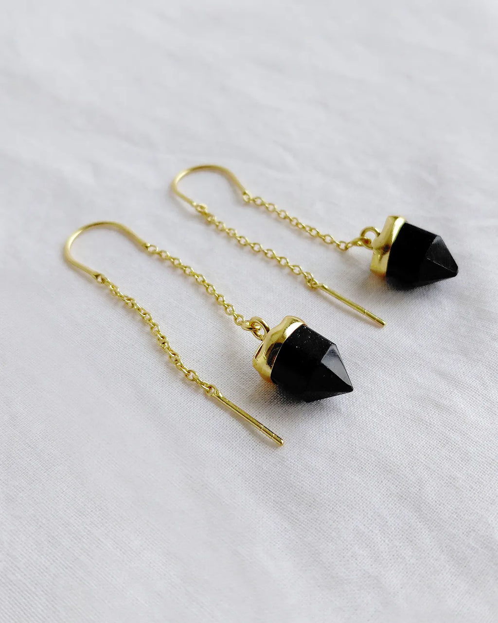 Natural Black Tourmaline gold-plated chain earrings