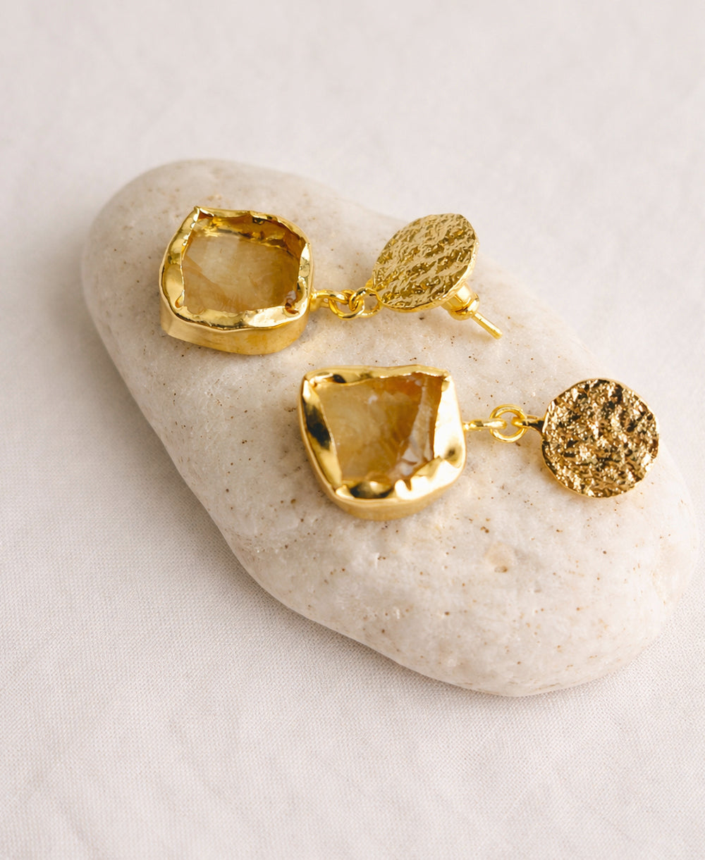 Citrine Coin Stud Drop Earrings
