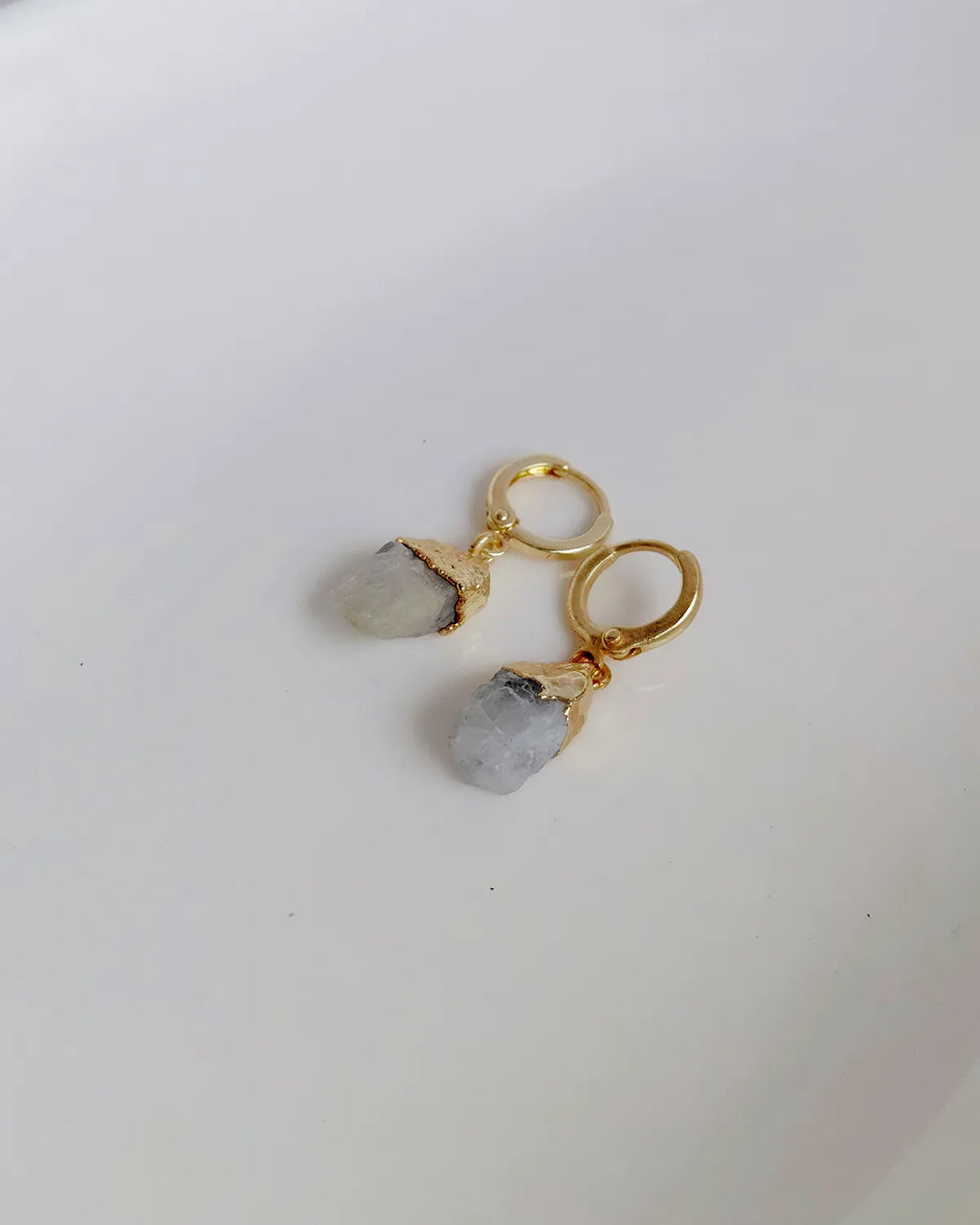 Raw Moonstone drop earrings with gold-plated hoops