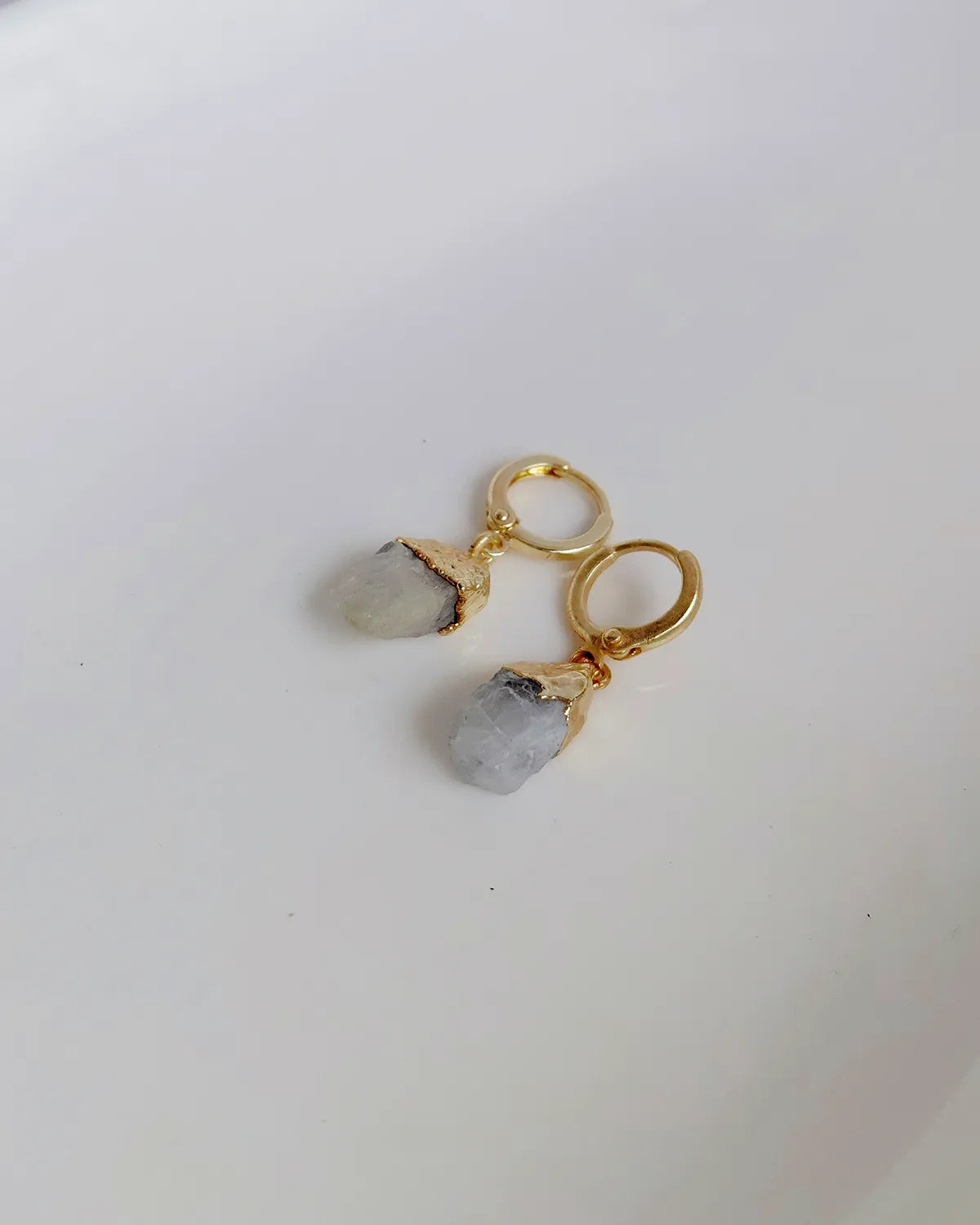 Raw Moonstone drop earrings with gold-plated hoops