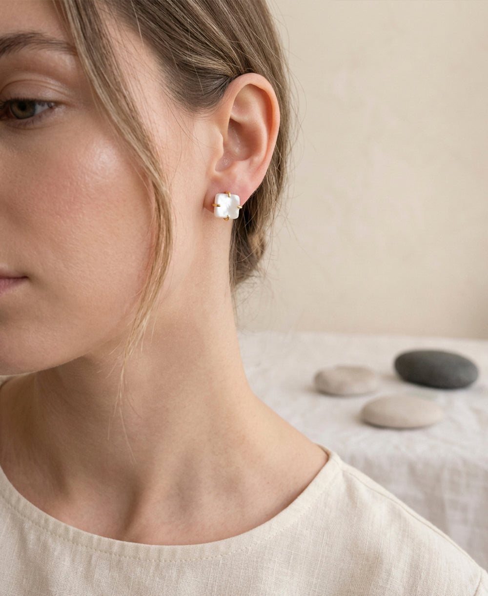 White Stone Prong Set Gold Stud Earrings